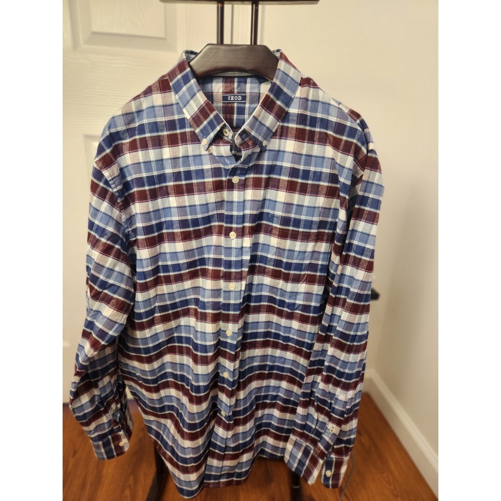 Izod Button-up 2xl Long Sleeve Blue & Brown Check Flannel